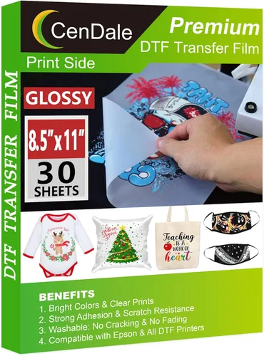 CenDale Película de transferencia DTF de 8.5 x 11 pulgadas – 30 hojas de una sola cara para pretratar, papel de transferencia de calor PET para