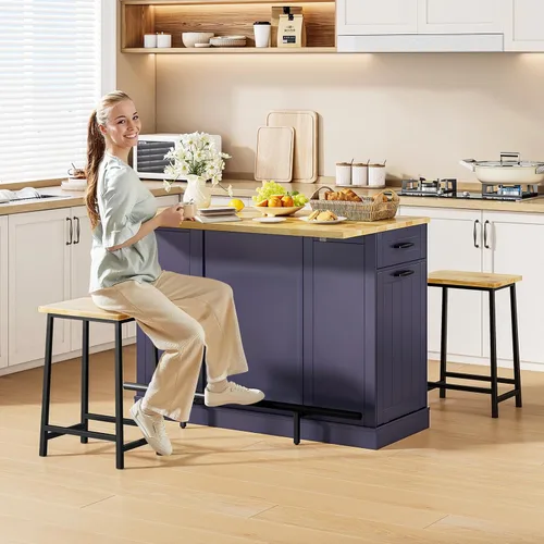 Miniatura 3 de ONBRILL Islas de Cocina Estacionarias Incluyen 2 Sillas, Isla de Cocina de 47" con Hoja Abatible, Mesa de Bar para el Hogar con Estante de Especias