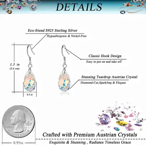 Miniatura 23 de Aretes colgantes de cristal austriaco con forma de lágrima para mujer, joyería hipoalergénica de plata de ley 925