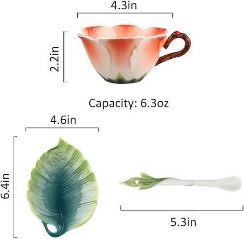 Miniatura 7 de WAYUTO Juego de taza de café y platillo de cerámica 3D con cuchara, hoja de flor, taza de café, taza de té con mango decorativo, tazas florales Rosa