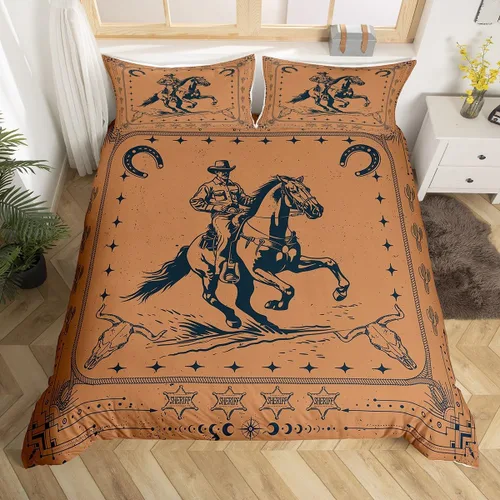 Manfei Juego de funda de edredón de vaquero occidental, tamaño individual, juego de ropa de cama con estampado de herradura de calavera de toro