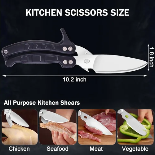 Miniatura 5 de Tijeras de cocina resistentes para aves de corral para cortar carne, aptas para lavavajillas e inoxidables, tijeras de cocina para pollo, pavo, Negro