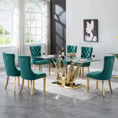 Miniatura 19 de Mesa de comedor moderna de vidrio de 70 pulgadas para 6-8, mesa de comedor de cristal dorado de lujo con base de acero inoxidable en forma de flores