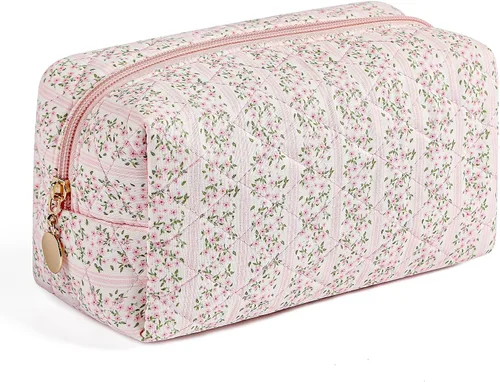 Bolsa de maquillaje de viaje para mujeres y niñas, bolsa de maquillaje con cremallera, flores florales, organizador de maquillaje, bolsa de tela de