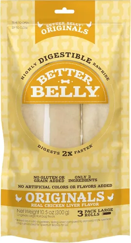 Better Belly Rollo masticable grande de cuero crudo altamente digerible, 3 unidades (paquete de 1)