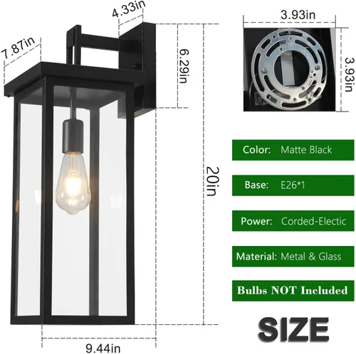 Miniatura 5 de tewei Farol de Pared Exterior de Gran Tamaño Accesorio de Luz de Pared Exterior, Luz de Porche Negro Mate, Luces Exteriores Impermeables para Casa