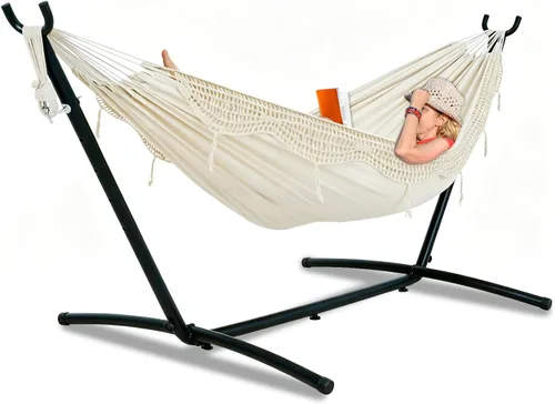 Miniatura 12 de Lazy Daze Hammocks Hamaca doble con soporte de acero de 9 pies que ahorra espacio, incluye funda de transporte portátil, capacidad de 450 libras