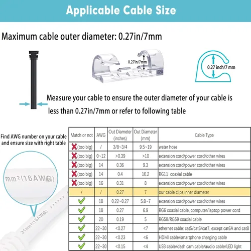 Miniatura 4 de Organizador de clips autoadhesivos para cables, organizador de cables, diámetro máximo de 0.27 pulgadas, paquete de 20, transparente Negro