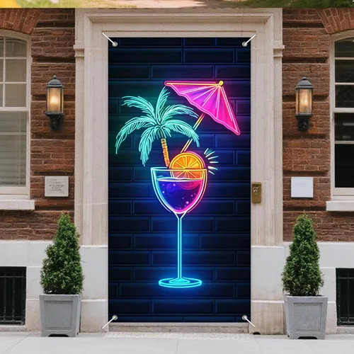 Miniatura 2 de IVN Cubierta para puerta de cóctel de neón, póster de luz LED, diseño de palmera y paraguas con rodaja naranja, vibrante brillo de neón de 12 x 18