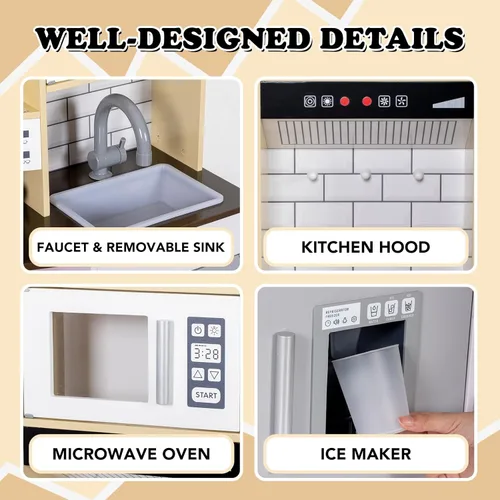 Miniatura 2 de BRINJOY Juego de cocina para niños, cocina de madera para niños con grifo, fregadero, estufa, horno, utensilios de cocina, gabinetes de Blanco
