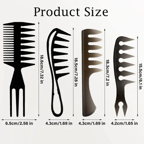 Miniatura 2 de Juego de peines para el cabello 4 en 1, dientes anchos, cola de doble cara, púa afro y peine de peluquero, negro, 4 estilos