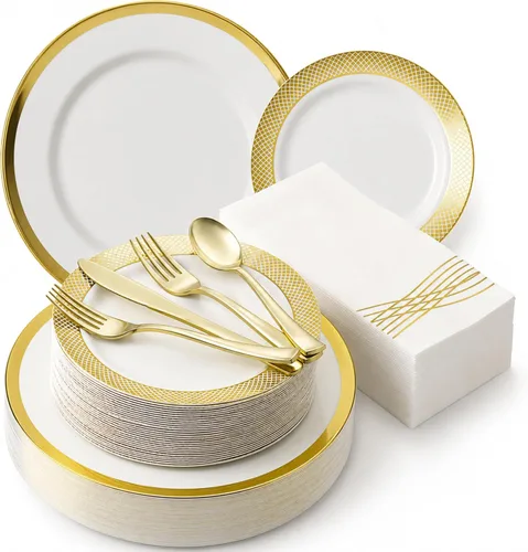 Miniatura 11 de By Madee HEAVYweight - Juego de vajilla desechable de 175 piezas con borde verde para 25 invitados
