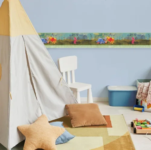 Miniatura 4 de CONCORD WALLCOVERINGS ™ Papel pintado autoadhesivo despegar y pegar, borde de Pooh Bear para habitación de juegos, habitación de bebé, verde azul