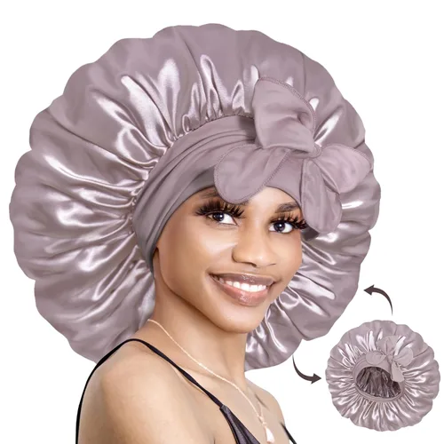 Miniatura 9 de BONNET QUEEN Gorro de seda para dormir, gorro de satén con lazo para el cabello, doble capa, para mujeres, cabello rizado, color marrón