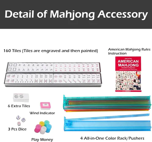 Miniatura 3 de Juego de Mahjong Americano GUSTARIA, 166 Azulejos Blancos Premium, 4 Estantes/Empujadores de Color Todo en Uno, Juego Completo Clásico de Azulejos