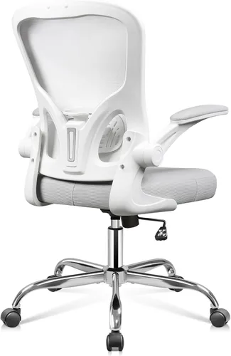 DEVAISE Silla de oficina ergonómica para computadora con reposabrazos abatibles, cómoda malla con soporte lumbar ajustable, color blanco