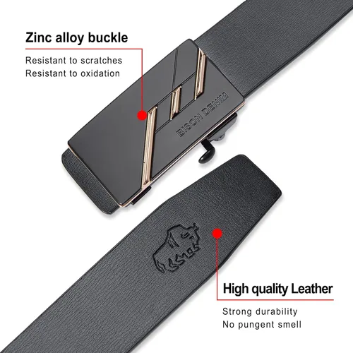 Miniatura 2 de BISON DENIM - Cinturón de cuero genuino con trinquete ajustable para hombre, hebilla automática, cinturón negro para jeans