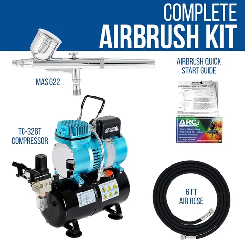 Miniatura 2 de Master Airbrush, G22, juego de aerógrafo con compresor Master TC-20T con tanque de aire, manguera neumática y acción dual G22, alimentación por