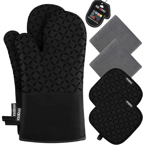KEGOUU Juego de 6 manoplas para horno y soportes para ollas, guantes para horno de cocina, resistentes al calor, 500 grados, extra largos, Negro