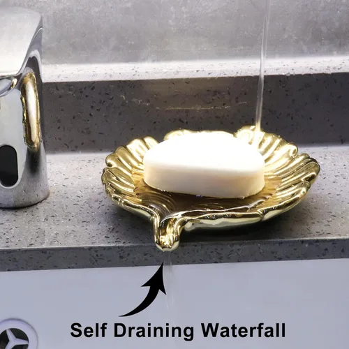Miniatura 5 de Jabonera de baño de hoja dorada, soporte de cerámica en estilo hoja de palma, diseño autodrenante y se utiliza para sostener varios accesorios