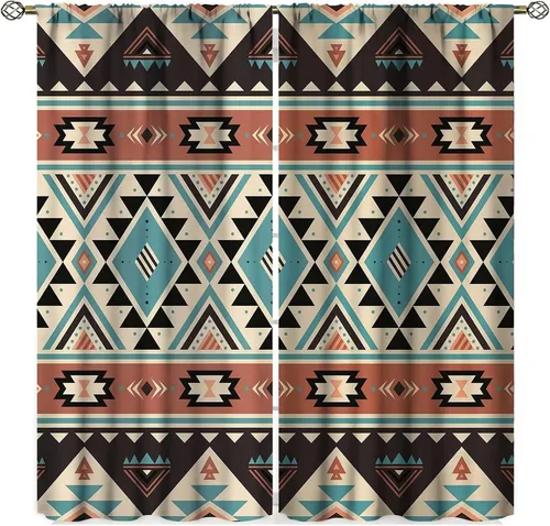 Cortinas aztecas, patrón étnico tribal nativo del suroeste, estilo bohemio occidental, geométrico, tratamientos de ventana para sala de estar, juego