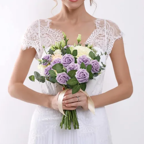 Miniatura 426 de N&T NIETING Flores artificiales, rosas artificiales de color rosa intenso, 50 piezas de flores falsas con tallo para ramos de boda DIY, centros