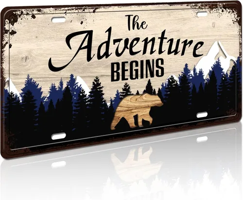 Placa de matrícula retro vintage, letrero de metal con texto en inglés "The Adventure Begins", decoración de guardería de bosque, letreros