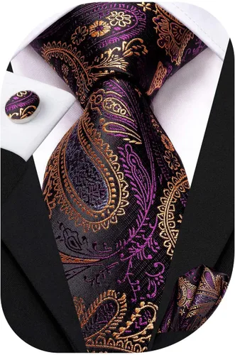 Miniatura 63 de Hi-Tie Corbatas de seda para hombre, diseño de cachemira a rayas, con bolsillo, gemelos cuadrados, conjunto formal de negocios