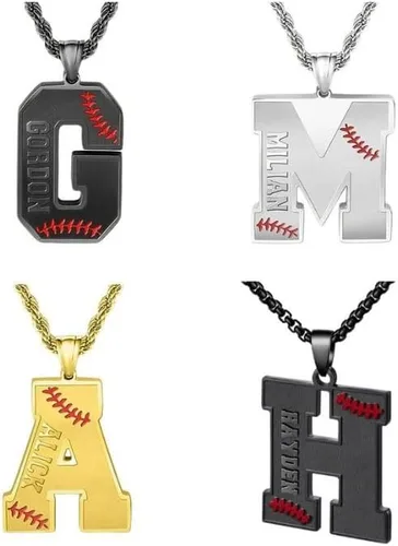 Ldurian Collar personalizado con nombre de béisbol, cadena negra de acero inoxidable, collar con nombre deportivo, letra A-Z de 24 pulgadas, regalos