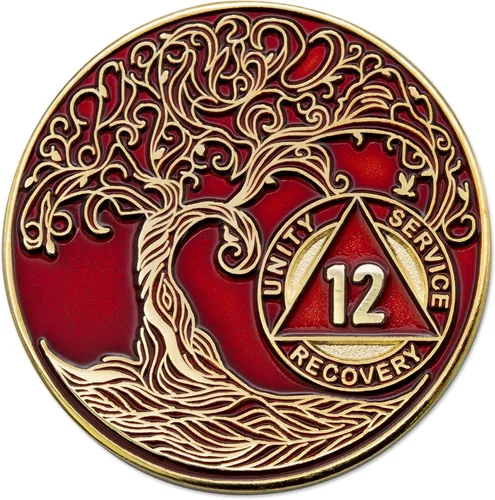 Miniatura 24 de 20 Year Sobriety Mint Twisted Tree of Life - Medallón de recuperación AA chapado en oro, fichas y fichas, color negro