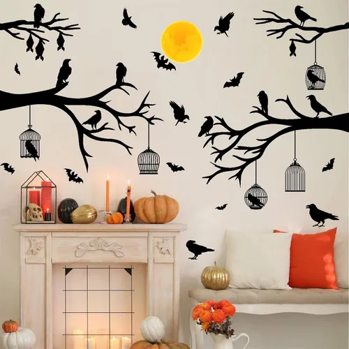 Miniatura 11 de Barri Design Calcomanías de pared de murciélago de Halloween, árbol de luna, bruja, calcomanías de pared extraíbles para Halloween, calcomanías