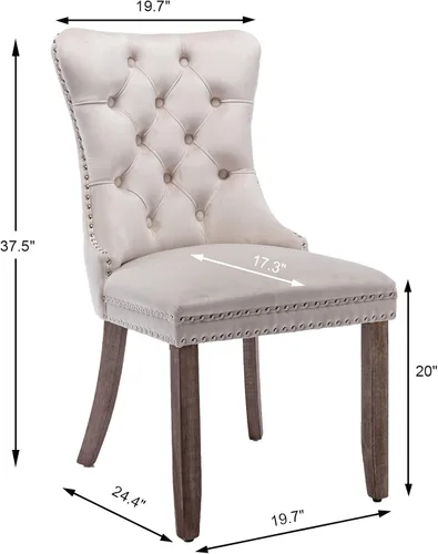 Miniatura 3 de Juego de 4 sillas de comedor de terciopelo beige, sillas de comedor tapizadas con adorno de tirador de anillo trasero y patas de madera maciza