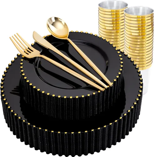 Miniatura 15 de supernal 100 piezas Platos de plástico negros y dorados, platos desechables negros, suministros de fiesta de Halloween que incluyen 50 platos