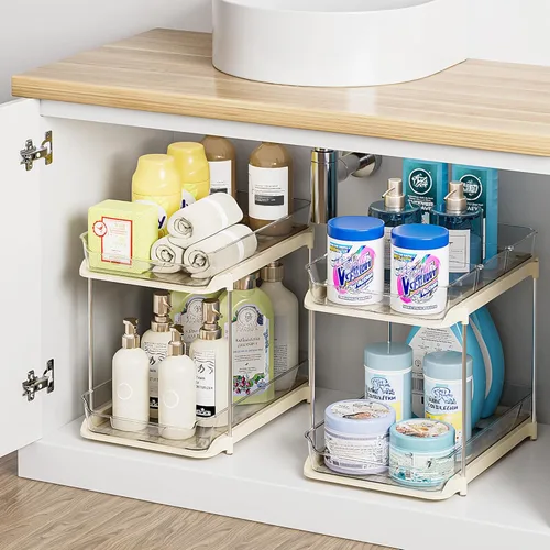 Miniatura 9 de Delamu - Organizadores y almacenamiento de 2 niveles para debajo del fregadero del baño, multiuso, apilables, organización de cocina y despensa