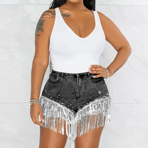 Miniatura 6 de LifeShe Pantalones cortos de mezclilla para mujer con cuentas de perlas de diamantes de imitación