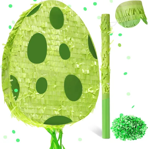 Lenwen Piñata de huevo de dinosaurio de 16 x 12 x 3 pulgadas, paquete de piñata de huevos de dinosaurio con palo de confeti para fiesta de Verde