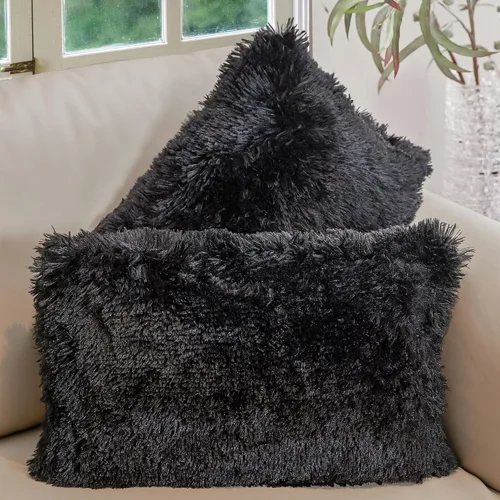 Cheer Collection Almohadas para sofá y cama, almohadas suaves y peludas con rellenos incluidos, acogedoras almohadas de pelo sintético de pelo Negro
