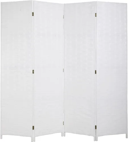 Divisor de pared de 6 pies, 4 paneles de malla de madera tejida a mano para interiores, pantalla de división plegable portátil, color blanco