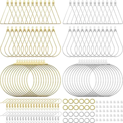 Miniatura 10 de Juego de 96 aretes de aro con cuentas para hacer joyas, aretes triangulares, lágrimas, redondos, con 200 ganchos para aretes, aros y alambres