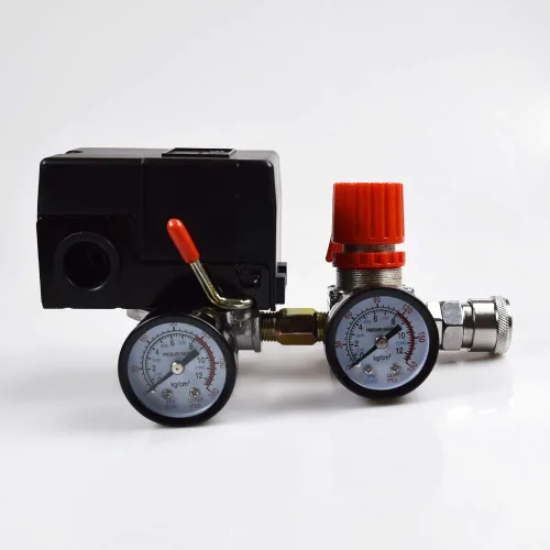 Miniatura 8 de Válvula de control del interruptor de presión del compresor de aire, 90-120 PSI con regulador y manómetro, 4 puertos 1/4" NPT con válvula