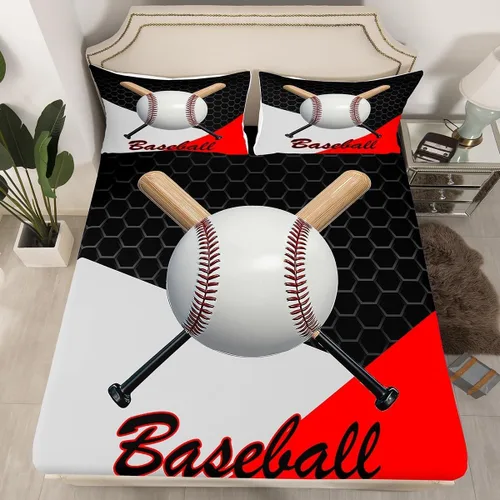Miniatura 4 de Juego de ropa de cama de béisbol 3D, tamaño individual, juego de cama para niñas, adolescentes, decoración de dormitorio, sábana bajera geométrica