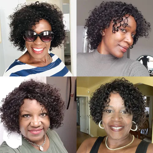 Miniatura 5 de Pelucas de cabello humano rizado brasileño de 10 pulgadas para mujeres negras, peluca corta sin pegamento con color natural, 100% cabello humano