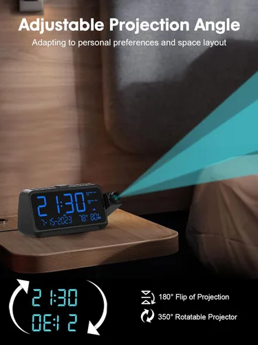 Miniatura 4 de ROCAM Reloj despertador de proyección para techo de dormitorio, reloj digital con proyector de 180° con atenuador de 5 niveles, alarma fuerte dual