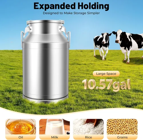 Miniatura 2 de Lata de leche de acero inoxidable de 40 litros/10.56 galones, cubo de jarra de leche resistente con mango ergonómico y tapa hermética, recipiente