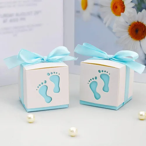 BEISHIDA Cajas de regalo para baby shower, cajas de dulces con huellas azules con cintas para fiesta de revelación de género de bebés y niños,