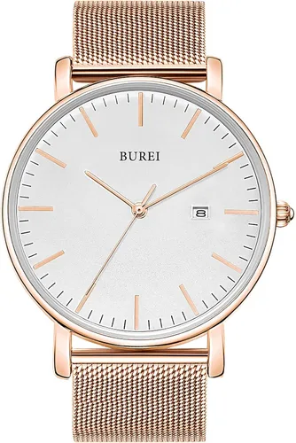 BUREI Relojes para hombre Marrón Cuero Moda Minimalista Reloj de pulsera Simple Ultra Fino Resistente al agua Relojes de cuarzo Todo Negro Correa de