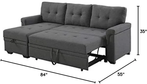 Miniatura 2 de BOWERY HILL Sofá cama modular reversible de lino gris acero con almacenamiento, tapicería de mezcla de algodón, cama extraíble, cojines copetudos