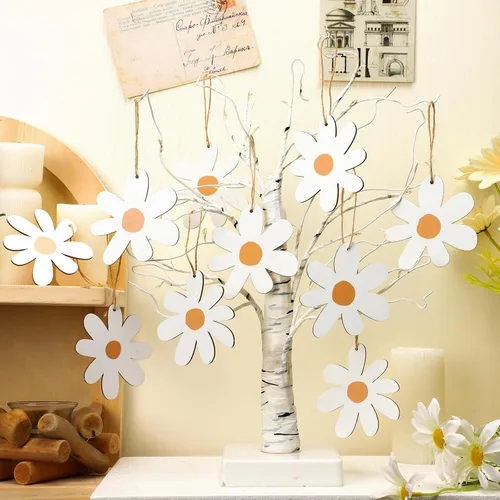 Miniatura 3 de Geetery - 36 piezas de decoración de fiesta de margaritas vintage para árbol, adornos colgantes de flores de madera bohemias para dormitorio, boda