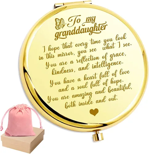 para Mi Nieta - Eres Increíble y Hermosa - Espejo de bolsillo, espejo compacto grabado para nieta, espejo de aliento "La Familia Primero", regalos