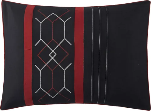 Miniatura 7 de Grand Avenue Juegos de cama con diseño geométrico negro/rojo, tamaño Queen con edredón, 7 piezas, funda de almohada, falda de cama, almohada